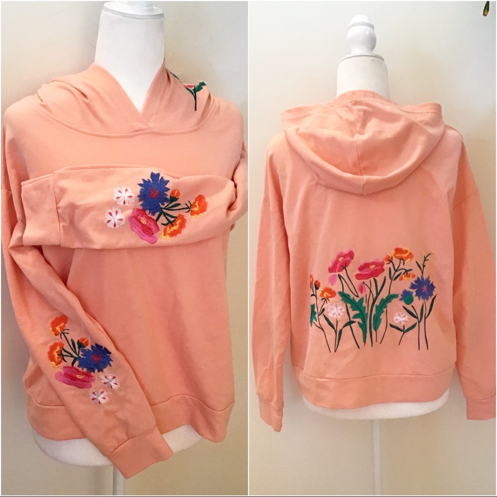 Almost Famous Floral Embroidered Coral Hoodie